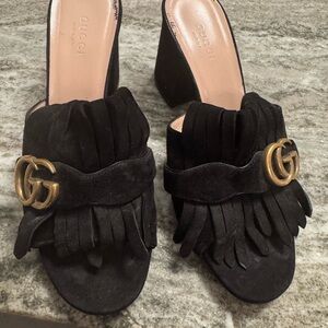 Gucci Black Suede Fringe Mules with Gold Double G